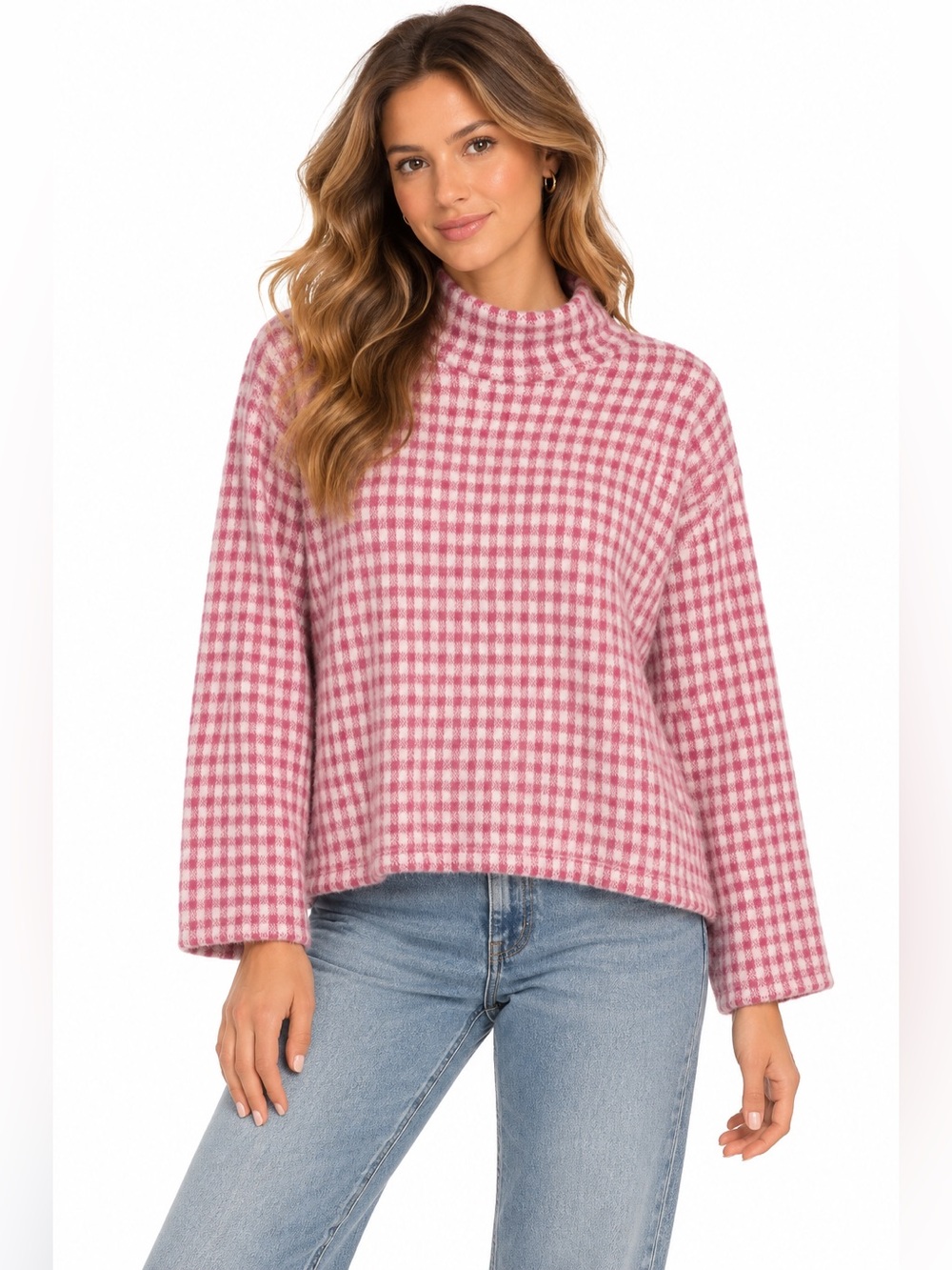 Zara Pink Gingham Mock Neck Knit Top Womens Size Medium